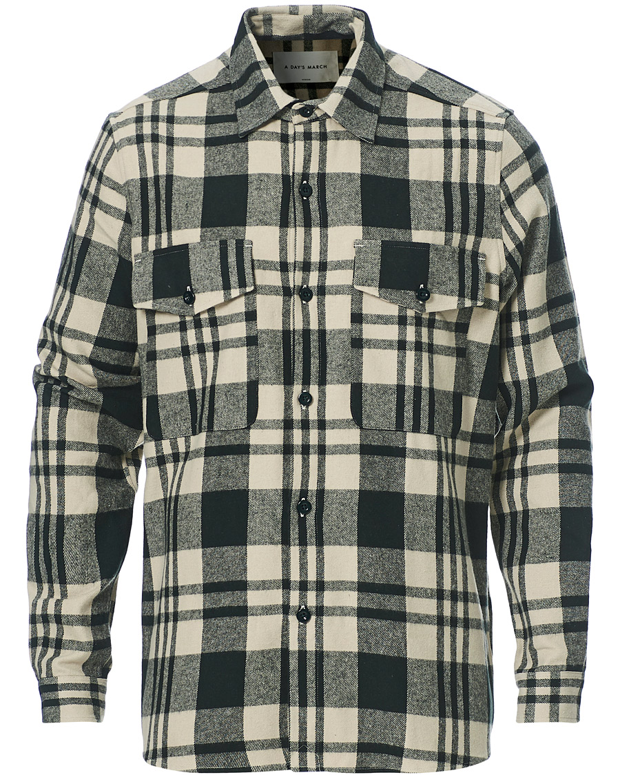 Herre | Skjorter | A Day's March | Cardiff Checked Flannel Shirt Off White/Seaweed