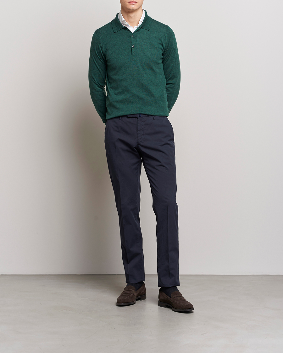 Herre | Gensere | John Smedley | Belper Wool/Cotton Polo Pullover Bottle Green