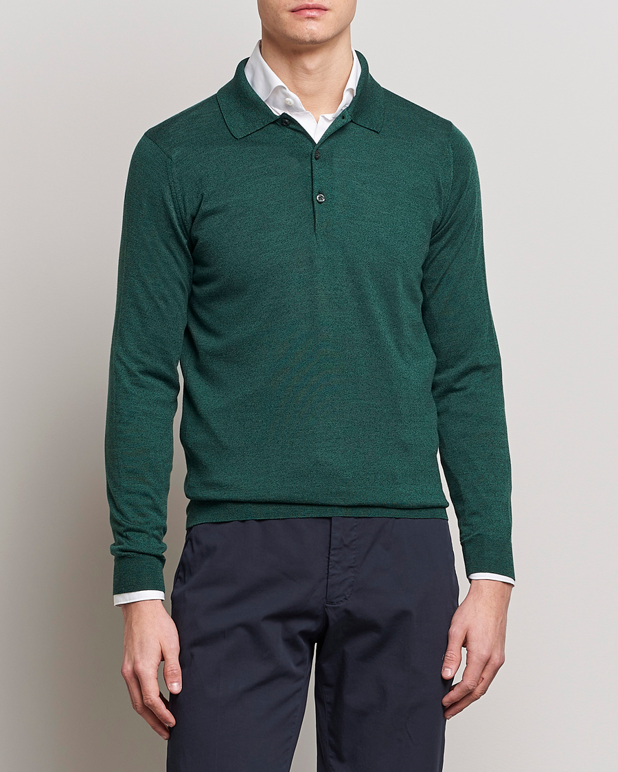 Herre | Gensere | John Smedley | Belper Wool/Cotton Polo Pullover Bottle Green