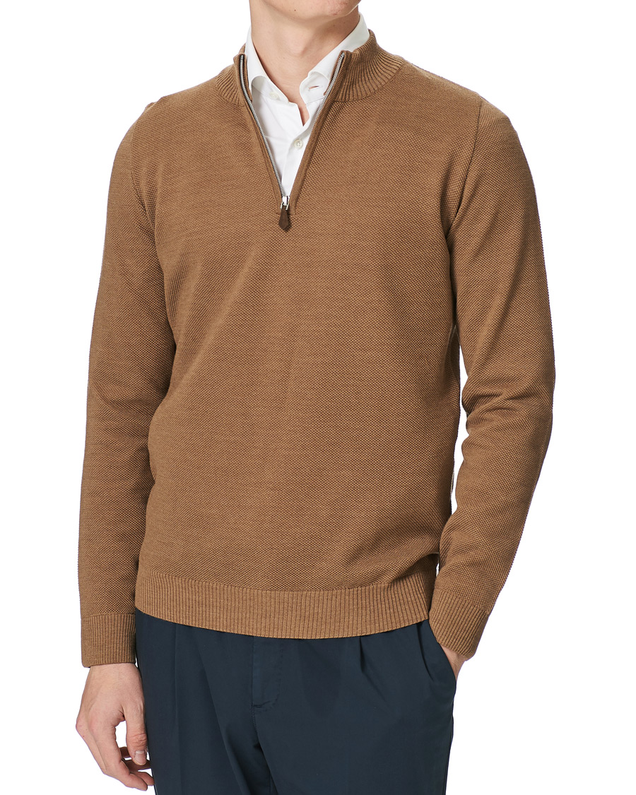 Herre | Gensere | Stenströms | Textured Merino Half Zip Brown