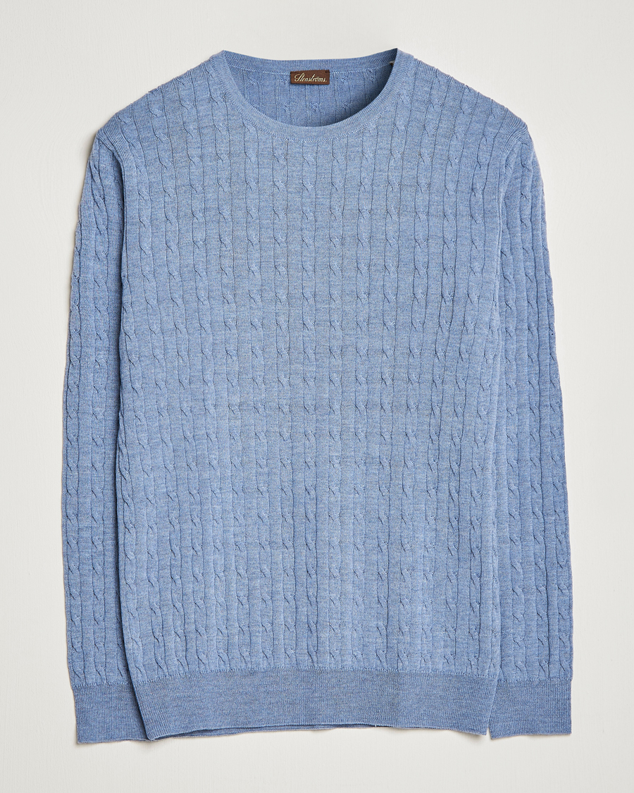 Herre | Gensere | Stenströms | Merino Cable Crew Neck Light Blue