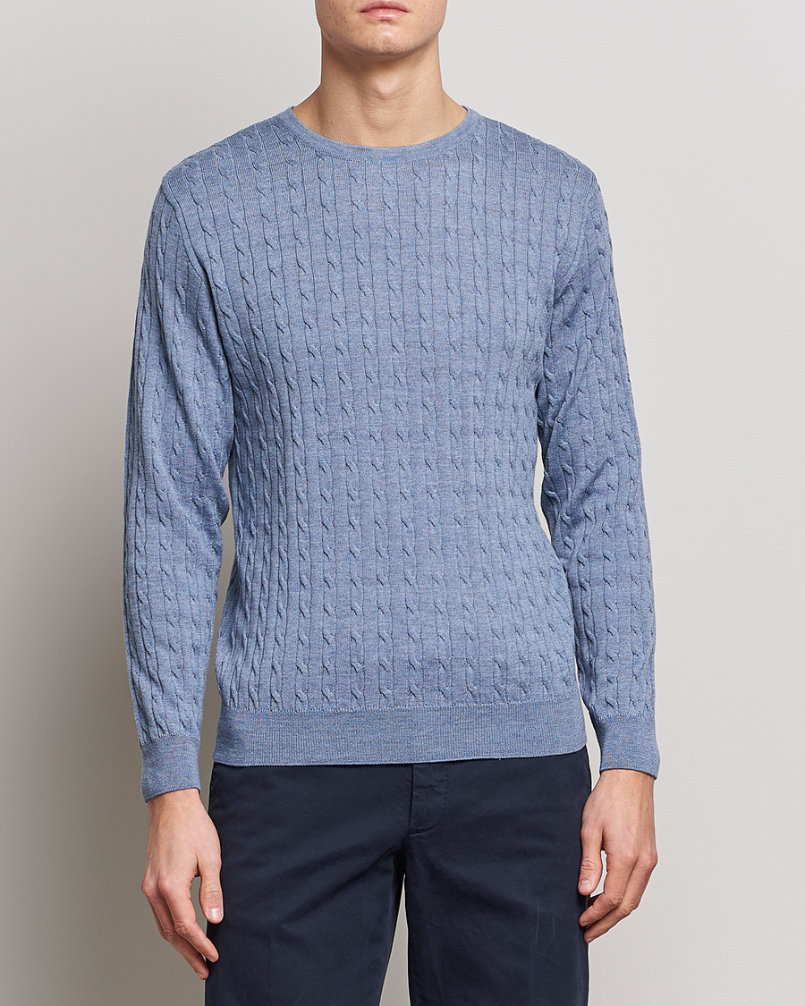 Herre | Gensere | Stenströms | Merino Cable Crew Neck Light Blue