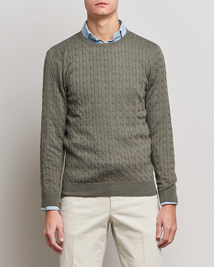 Herre | Gensere | Stenströms | Merino Cable Crew Neck Olive
