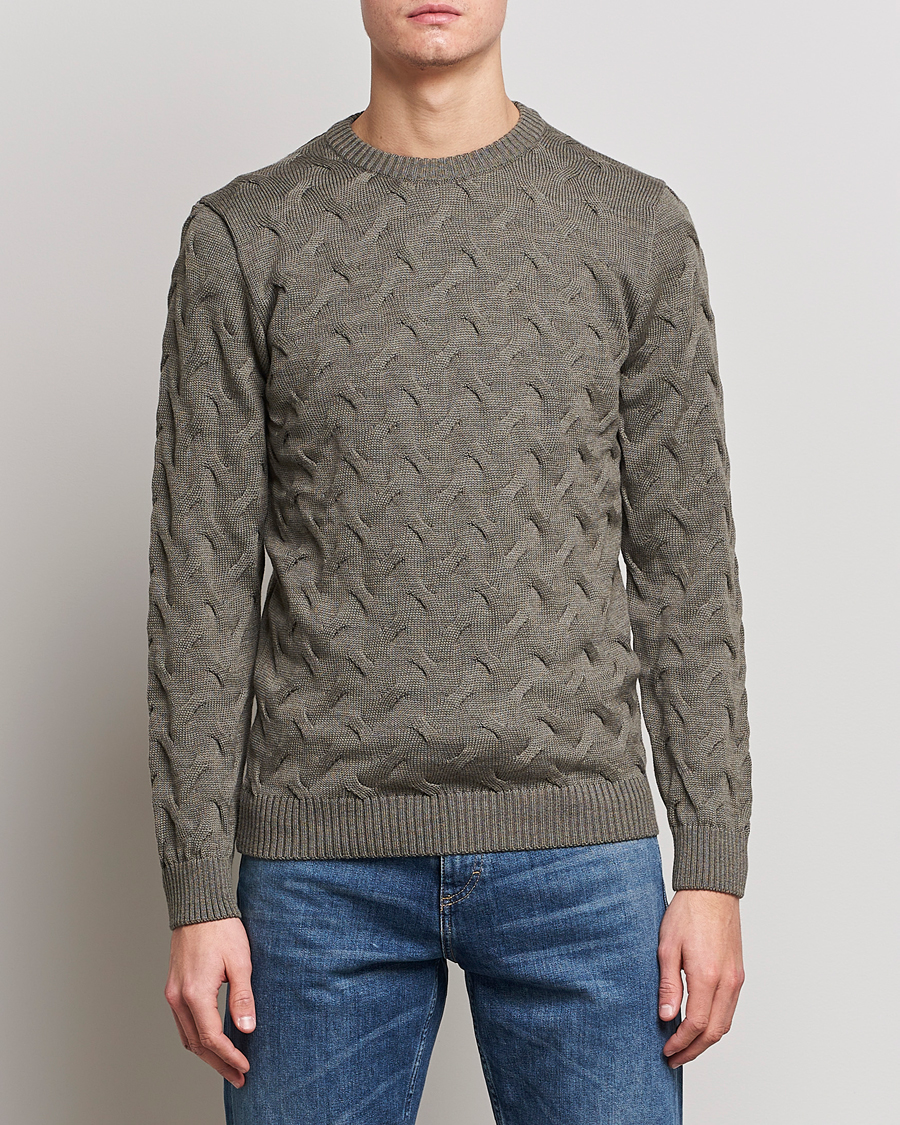 Herre | Strikkede gensere | Stenströms | Heavy Cable Merino Crew Neck Olive