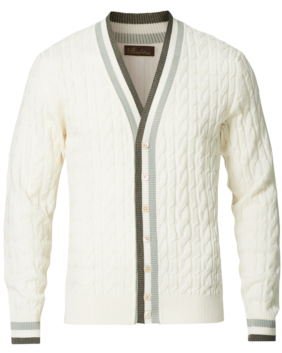 Herre | Gensere | Stenströms | Contrast Merino Cable Cardigan White