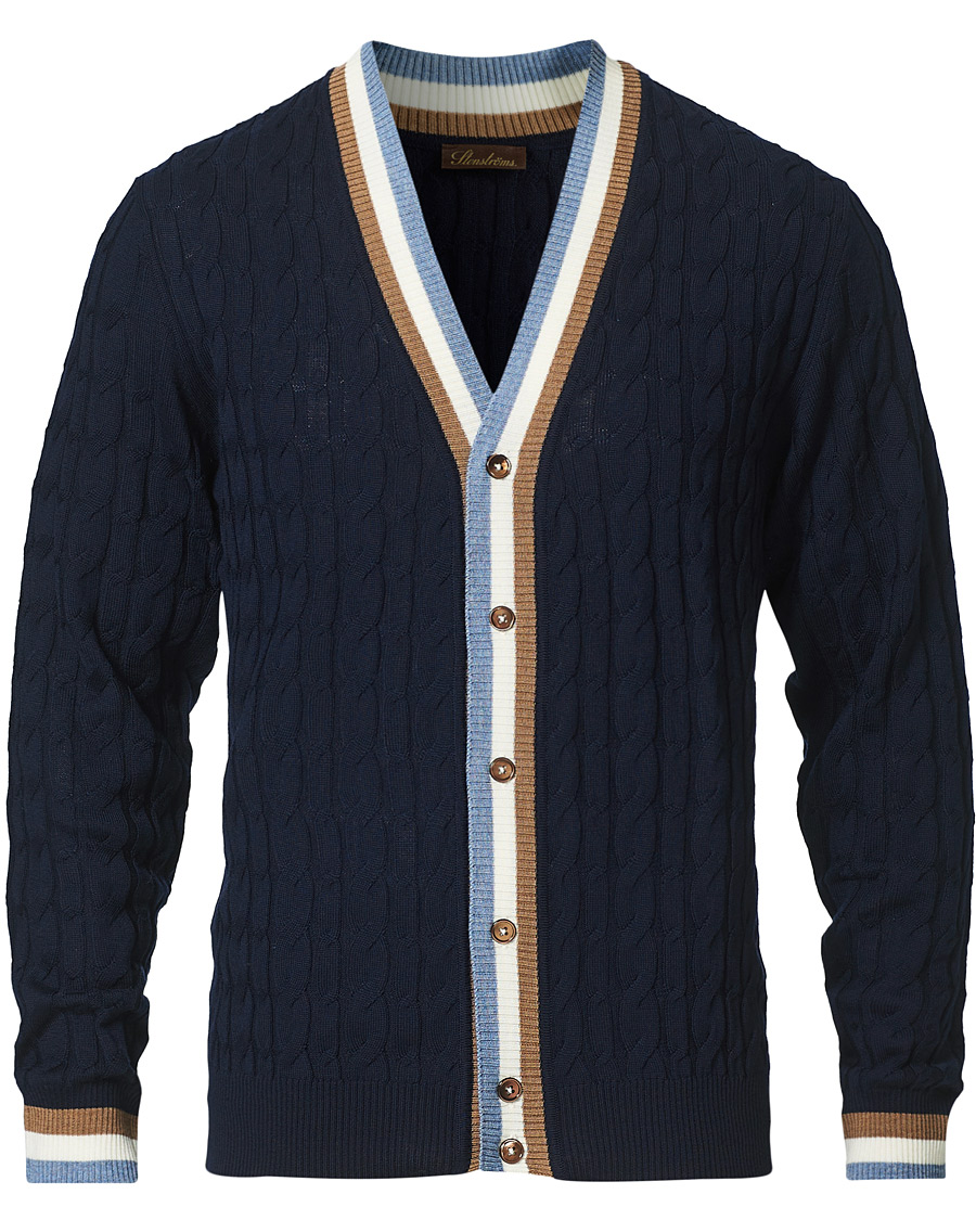 Herre | Gensere | Stenströms | Contrast Merino Cable Cardigan Navy