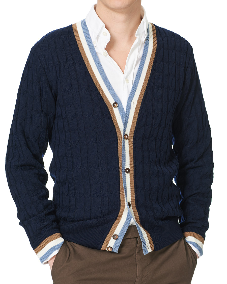 Herre | Gensere | Stenströms | Contrast Merino Cable Cardigan Navy