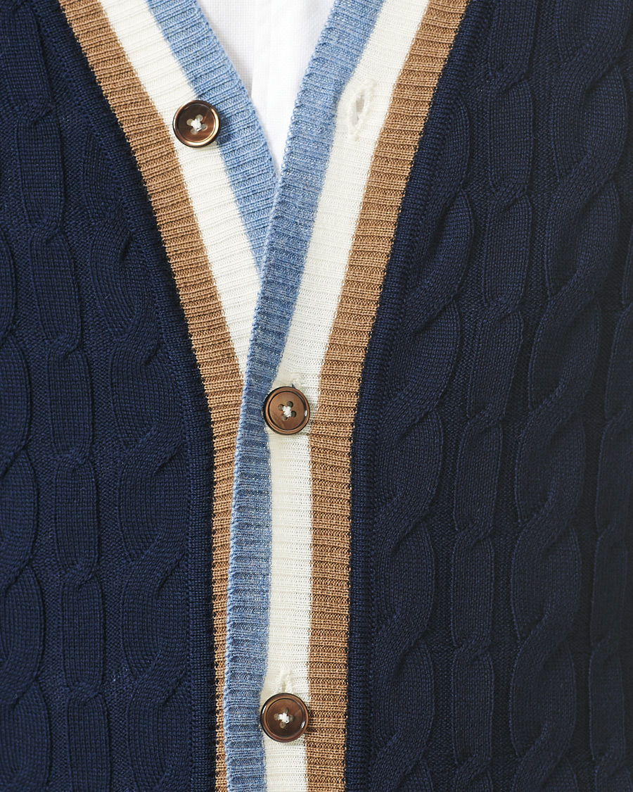 Herre | Gensere | Stenströms | Contrast Merino Cable Cardigan Navy