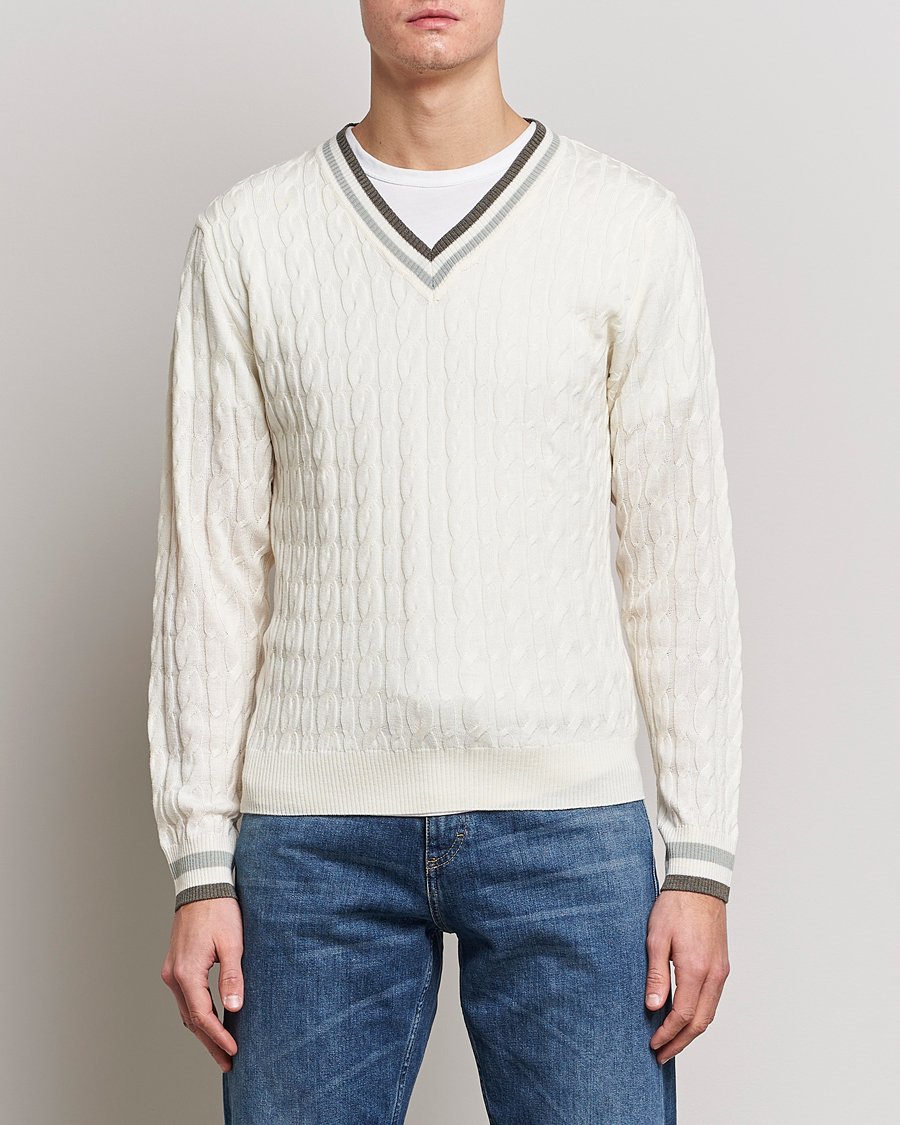 Herre | Gensere | Stenströms | Contrast Merino Cable V-Neck White