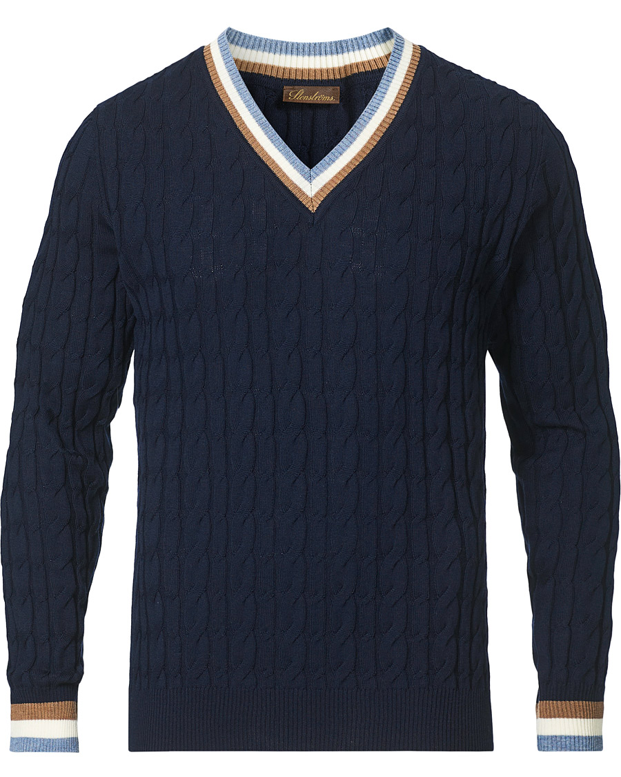 Herre | Gensere | Stenströms | Contast Merino Cable V-Neck Navy