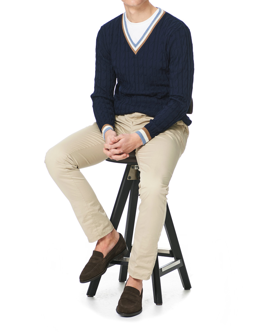 Herre | Gensere | Stenströms | Contast Merino Cable V-Neck Navy