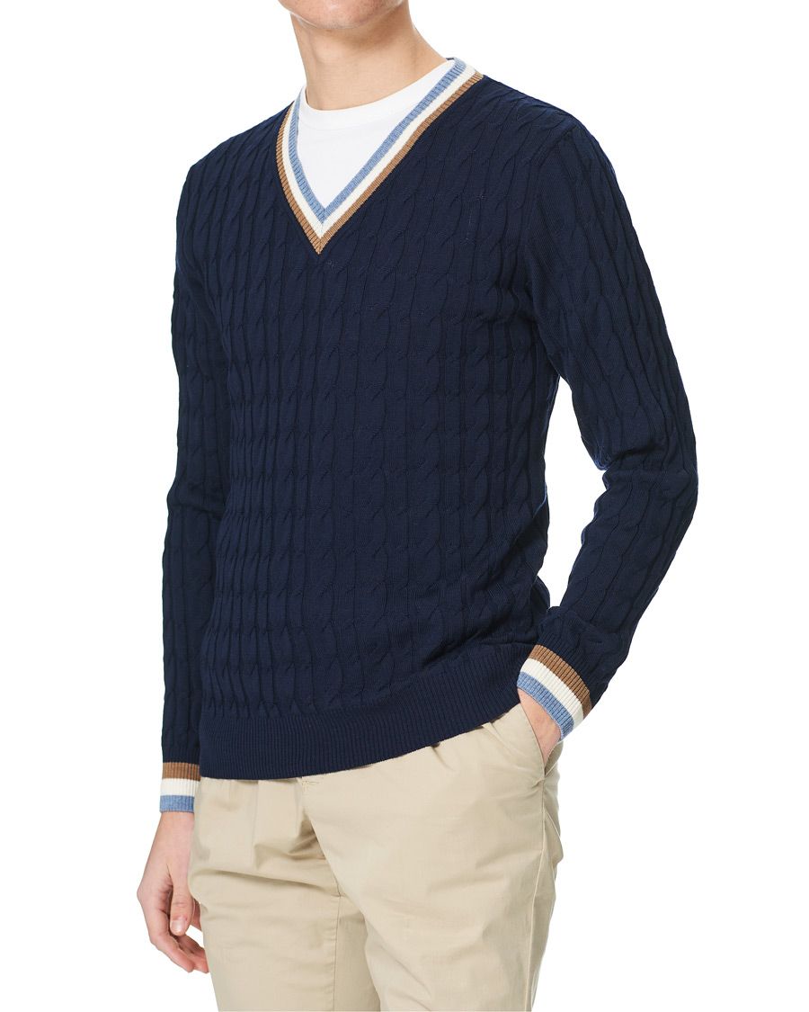 Herre | Gensere | Stenströms | Contast Merino Cable V-Neck Navy