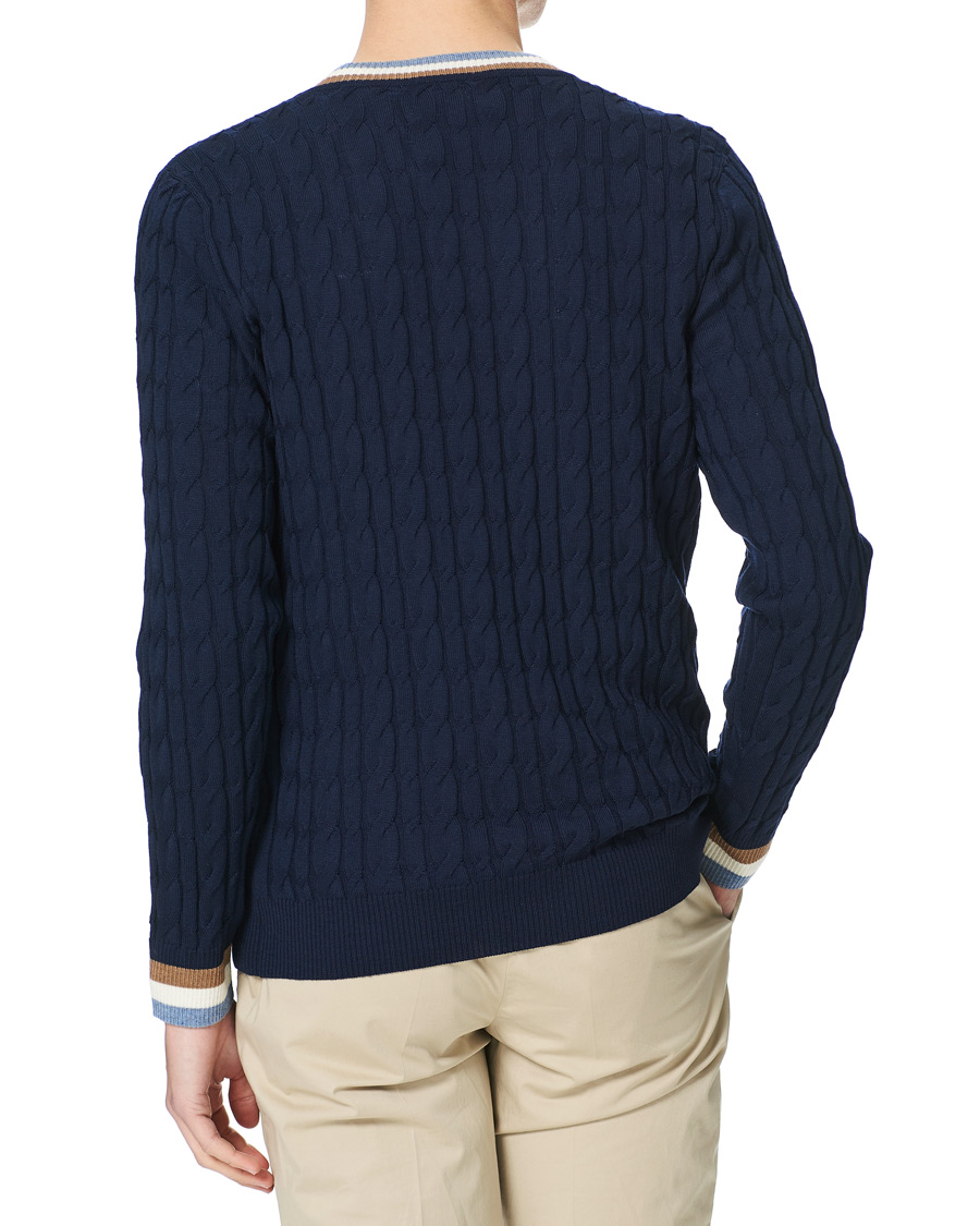 Herre | Gensere | Stenströms | Contast Merino Cable V-Neck Navy