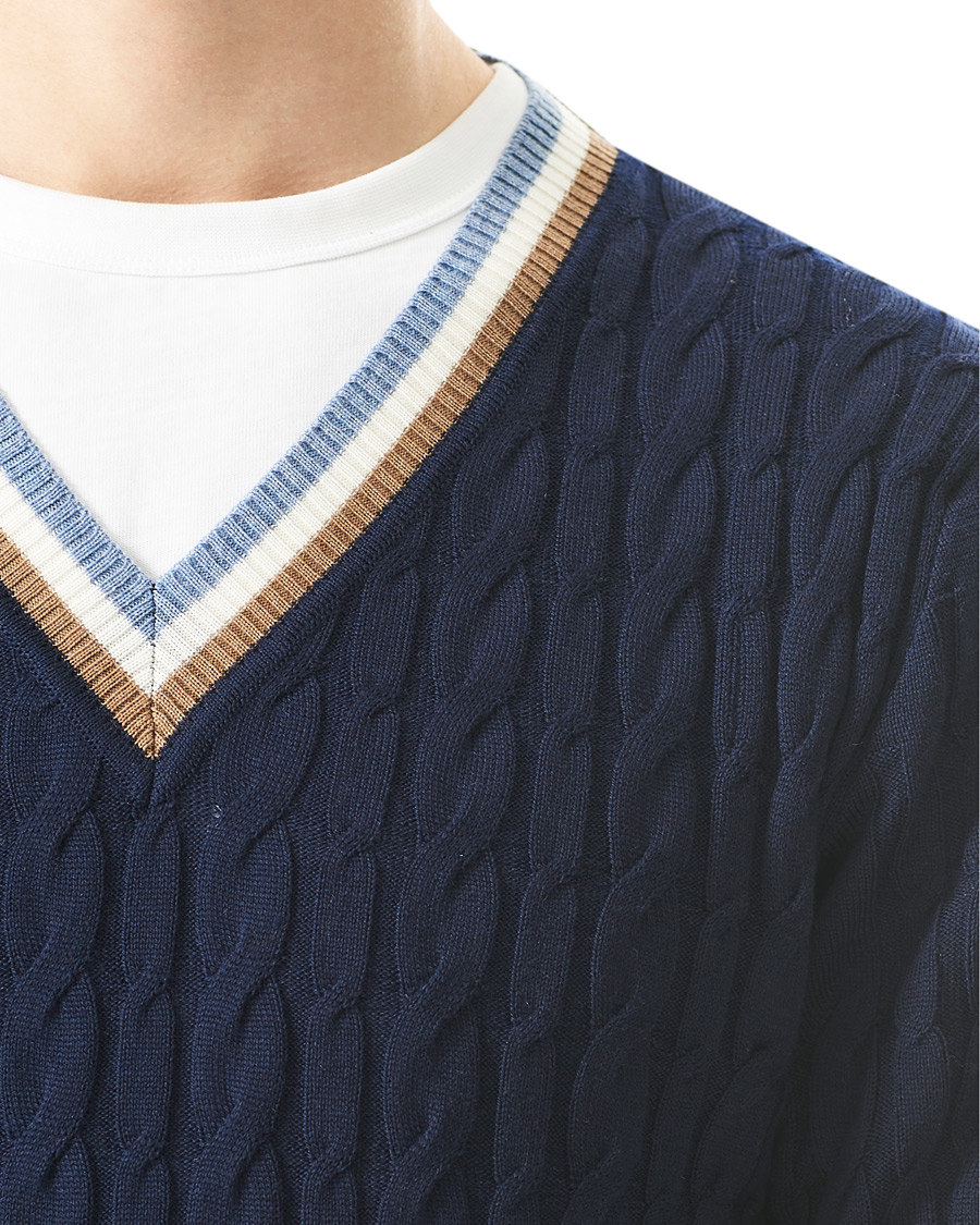 Herre | Gensere | Stenströms | Contast Merino Cable V-Neck Navy