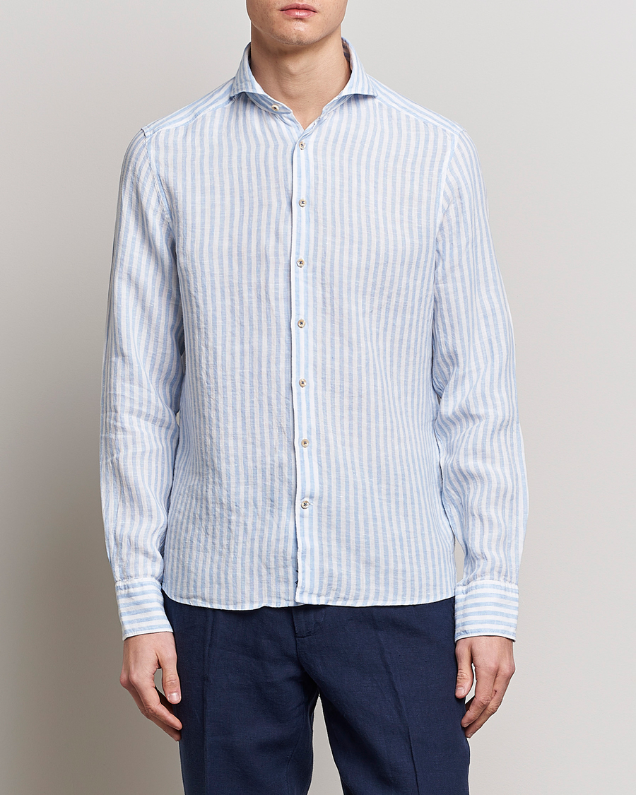 Herre | Linskjorter | Stenströms | Slimline Cut Away Striped Linen Shirt Light Blue