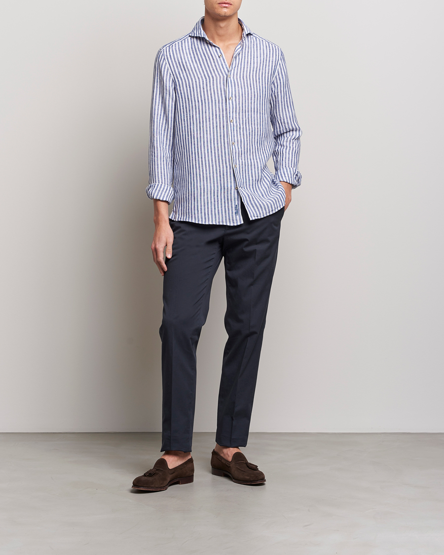Herre | Skjorter | Stenströms | Slimline Cut Away Striped Linen Shirt Blue