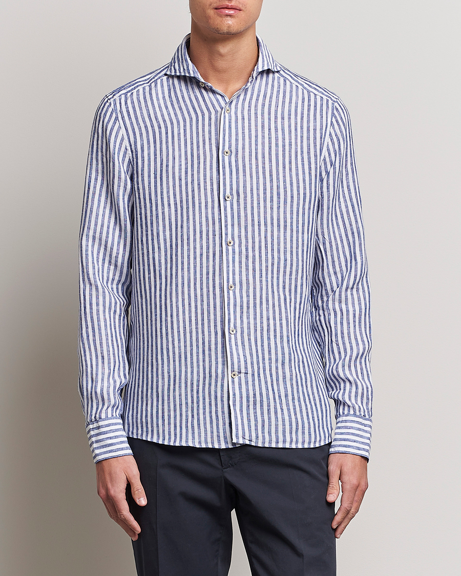 Herre | Casual | Stenströms | Slimline Cut Away Striped Linen Shirt Blue