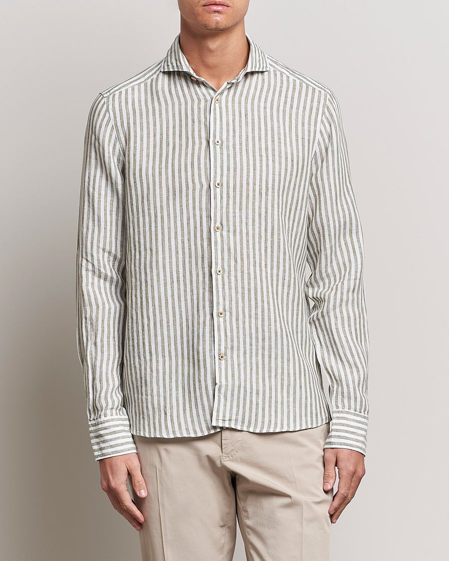 Herre | Skjorter | Stenströms | Slimline Cut Away Striped Linen Shirt Green