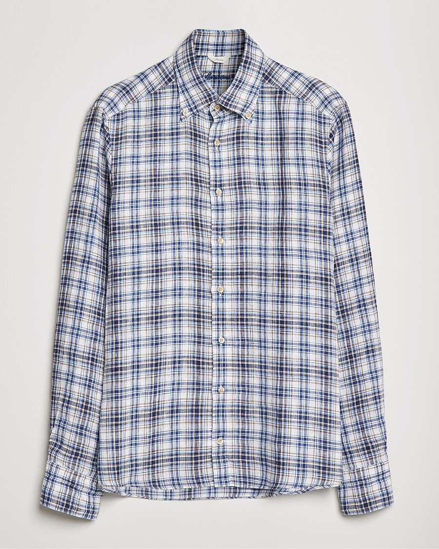Herre | Skjorter | Stenströms | Slimline Cut Away Checked Linen Shirt Blue/Beige