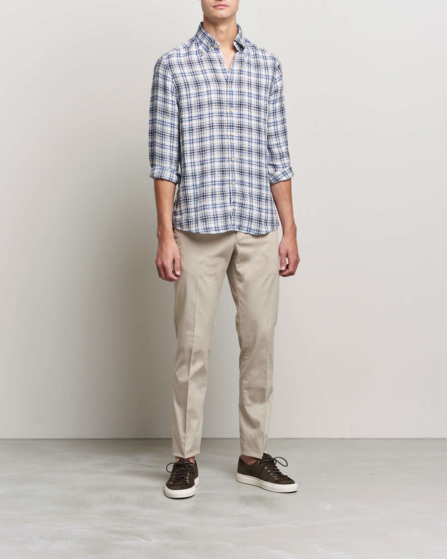 Herre | Skjorter | Stenströms | Slimline Cut Away Checked Linen Shirt Blue/Beige