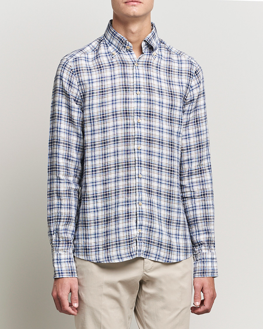 Herre | Skjorter | Stenströms | Slimline Cut Away Checked Linen Shirt Blue/Beige