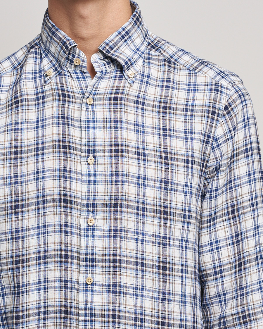 Herre | Skjorter | Stenströms | Slimline Cut Away Checked Linen Shirt Blue/Beige