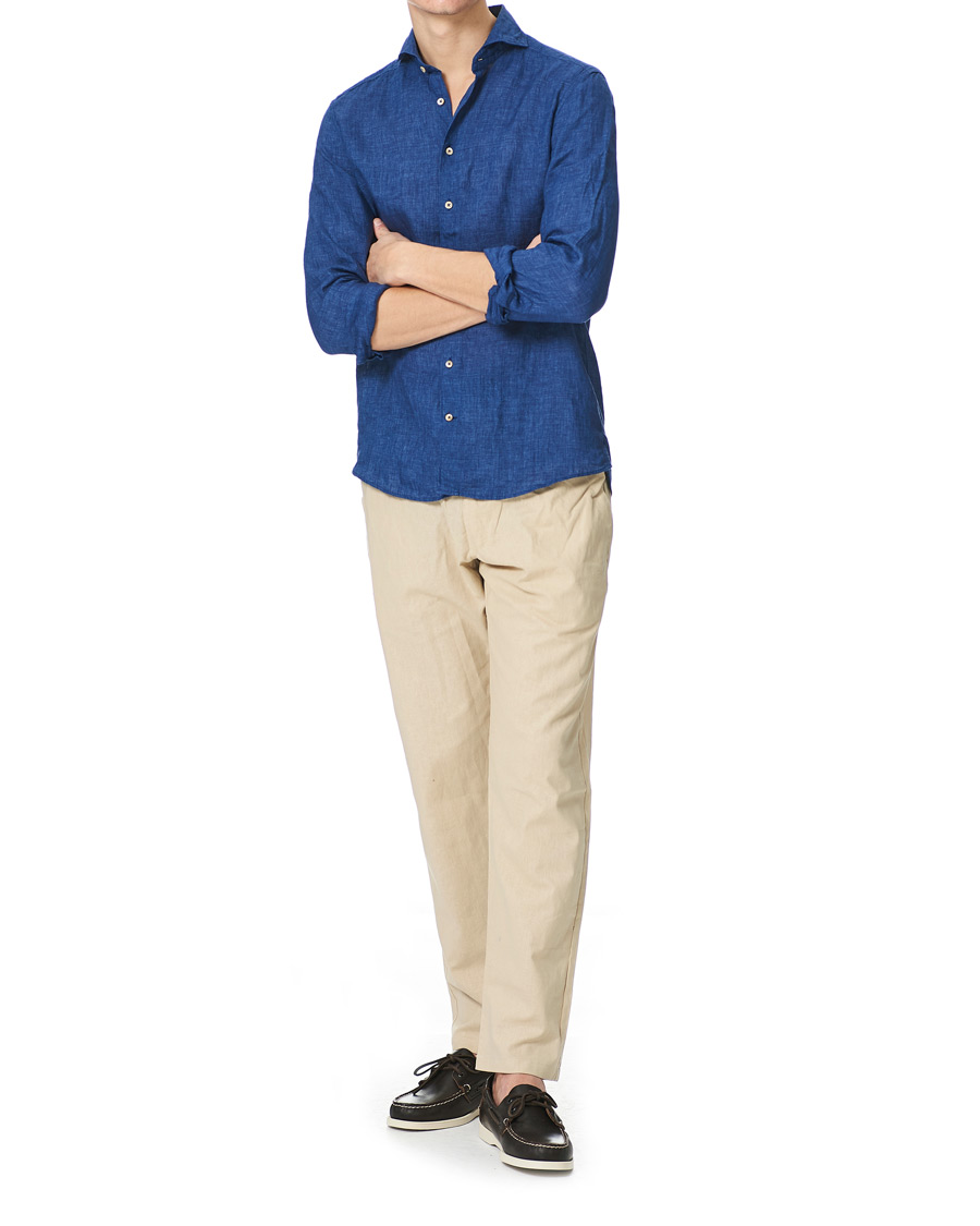 Herre | Skjorter | Stenströms | Slimline Cut Away Linen Shirt Dark Blue