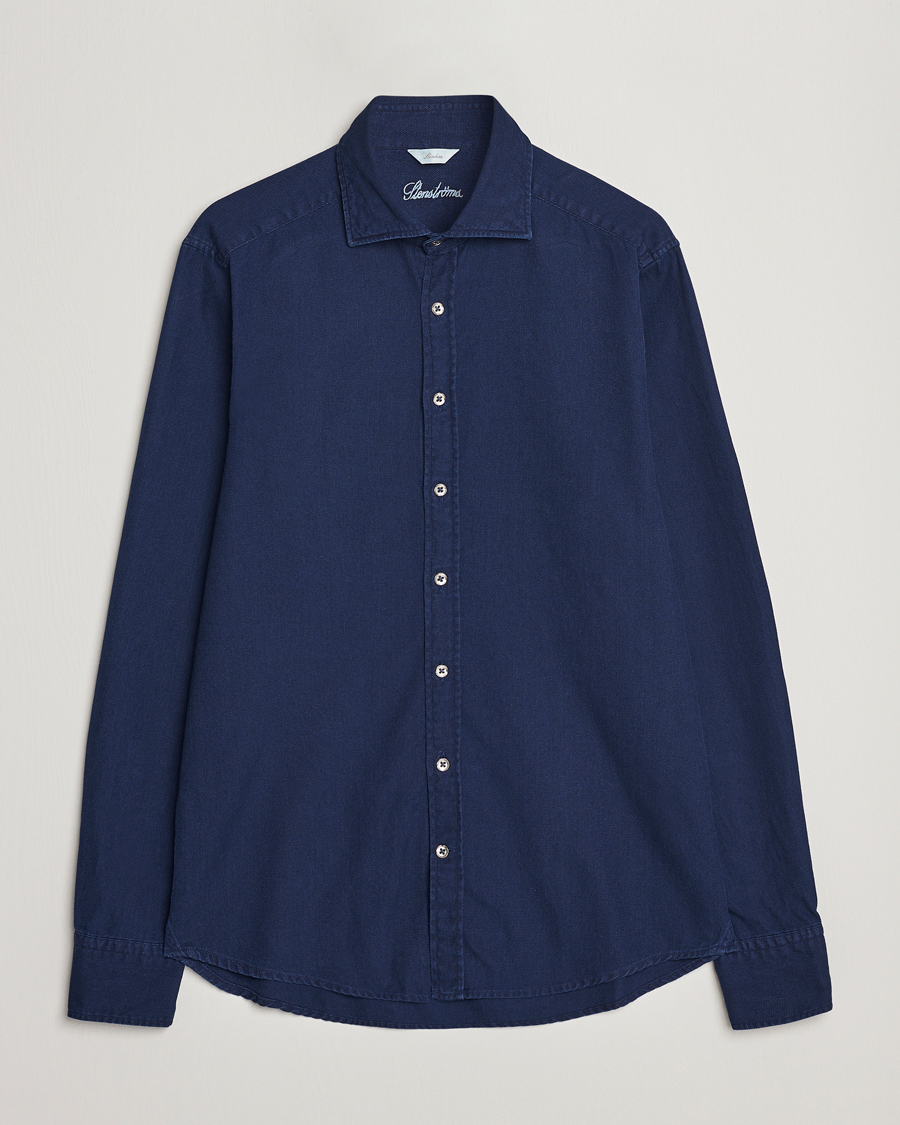Herre | Skjorter | Stenströms | Slimline Washed Structured Denim Shirt Indigo Blue