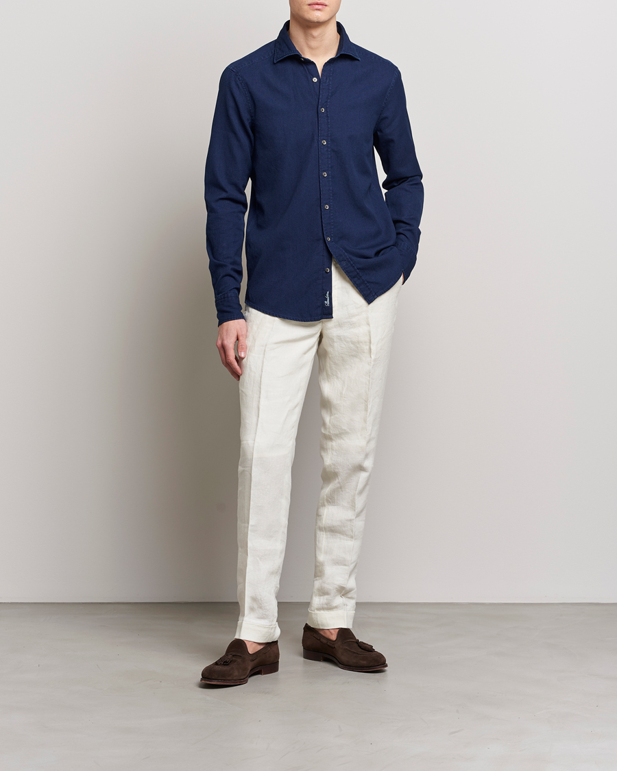 Herre | Skjorter | Stenströms | Slimline Washed Structured Denim Shirt Indigo Blue
