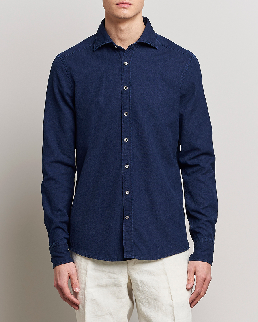 Herre | Skjorter | Stenströms | Slimline Washed Structured Denim Shirt Indigo Blue