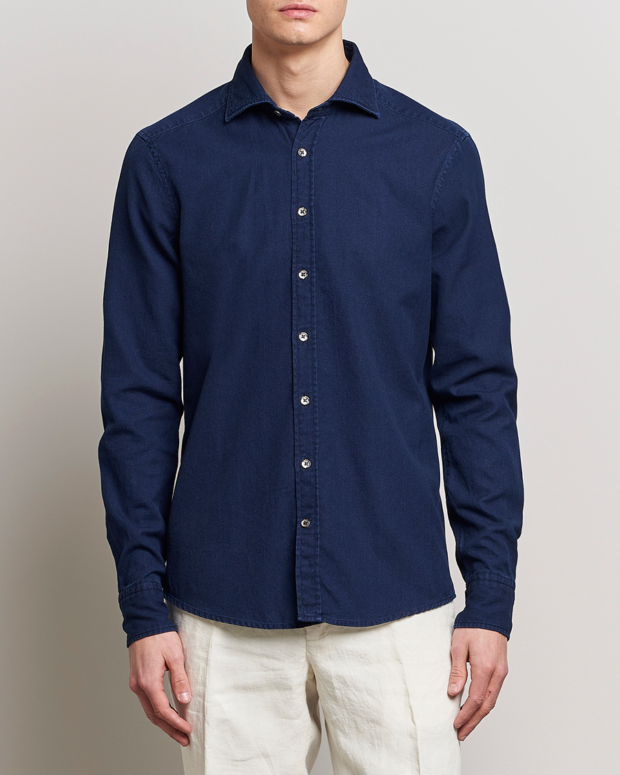 Herre | 40% salg | Stenströms | Slimline Washed Structured Denim Shirt Indigo Blue