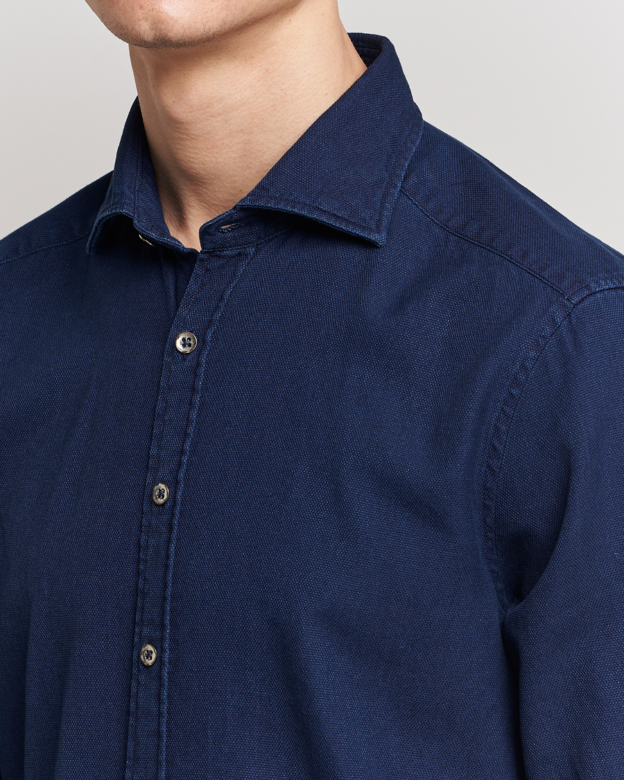 Herre | Skjorter | Stenströms | Slimline Washed Structured Denim Shirt Indigo Blue