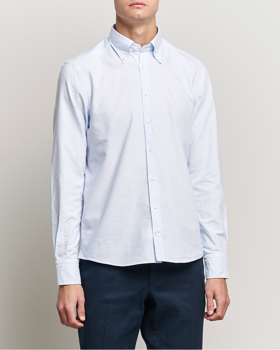 Herre | Oxfordskjorter | Stenströms | Slimline Washed Striped Oxford Shirt Light Blue