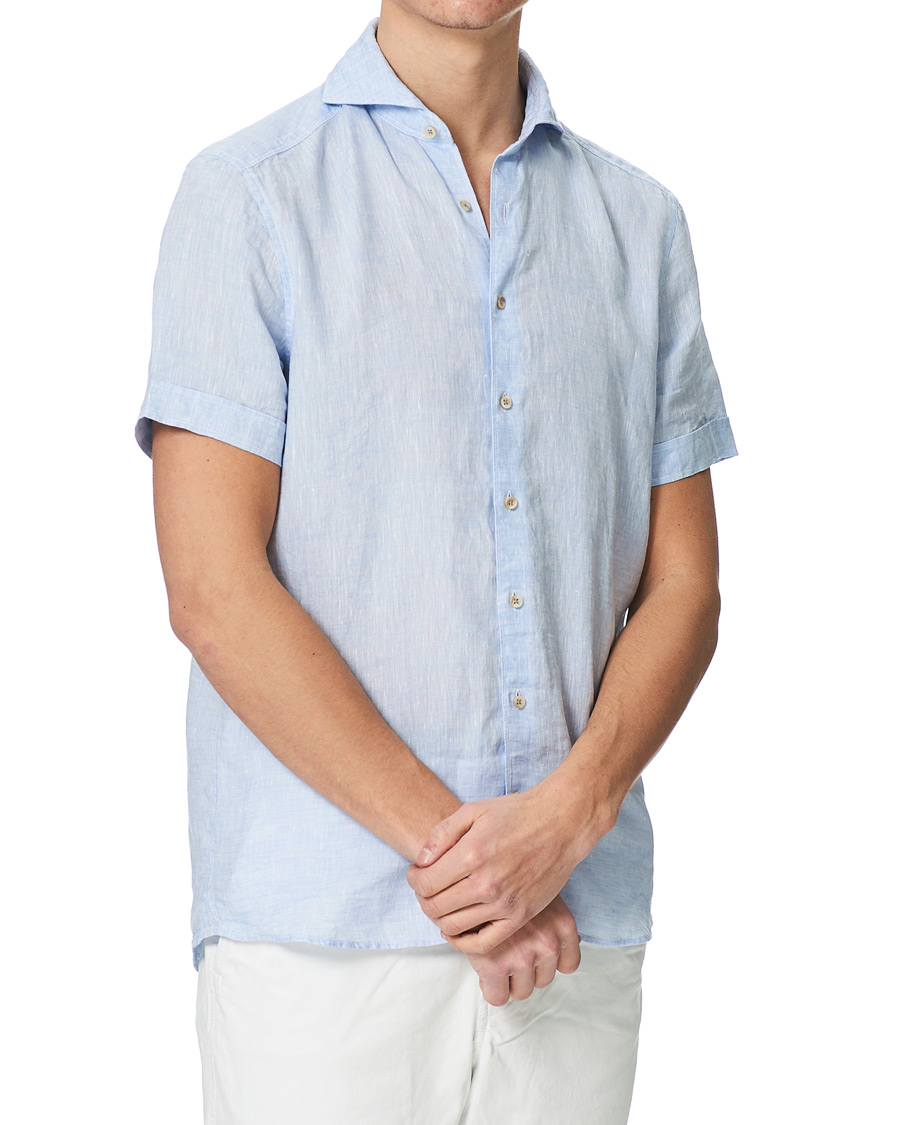 Herre | Skjorter | Stenströms | Slimline Short Sleeve Linen Shirt Light Blue