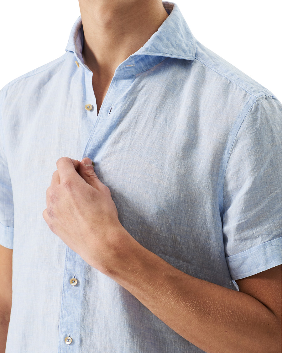Herre | Skjorter | Stenströms | Slimline Short Sleeve Linen Shirt Light Blue