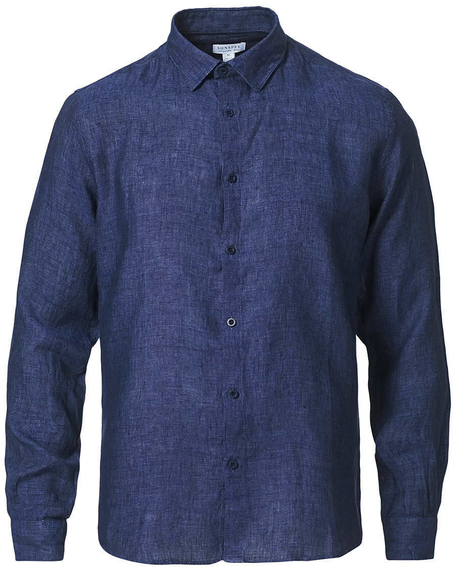 Herre | Skjorter | Sunspel | Linen Casual Shirt Navy Melange