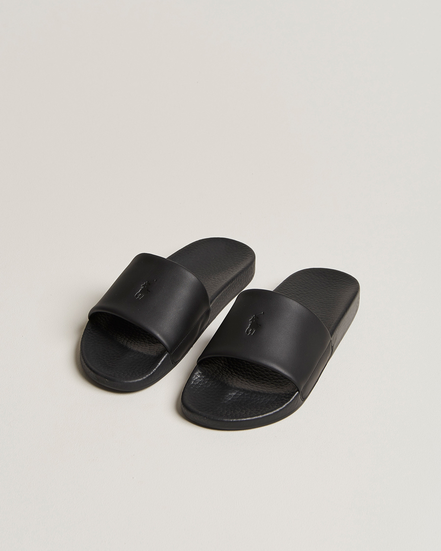 Herre | Polo Ralph Lauren Leather Logo Slides Black | Polo Ralph Lauren | Leather Logo Slides Black