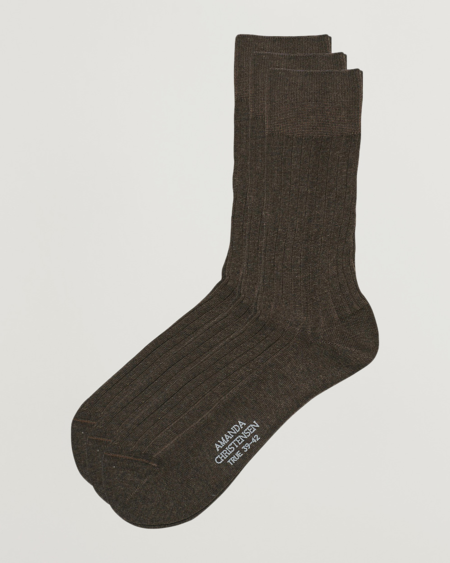 Herre | Undertøy | Amanda Christensen | 3-Pack True Cotton Ribbed Socks Brown Melange