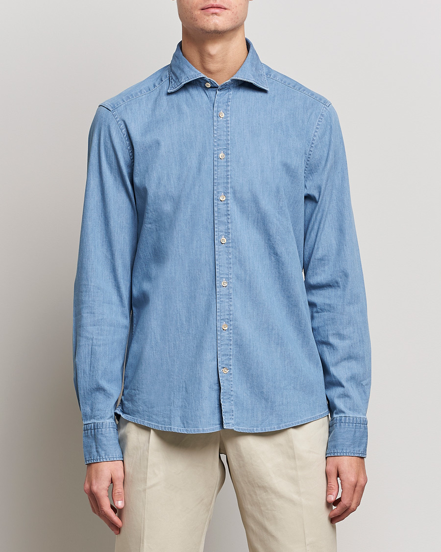 Men | Denim Shirts | Stenströms | Slimline Garment Washed Shirt Light Denim