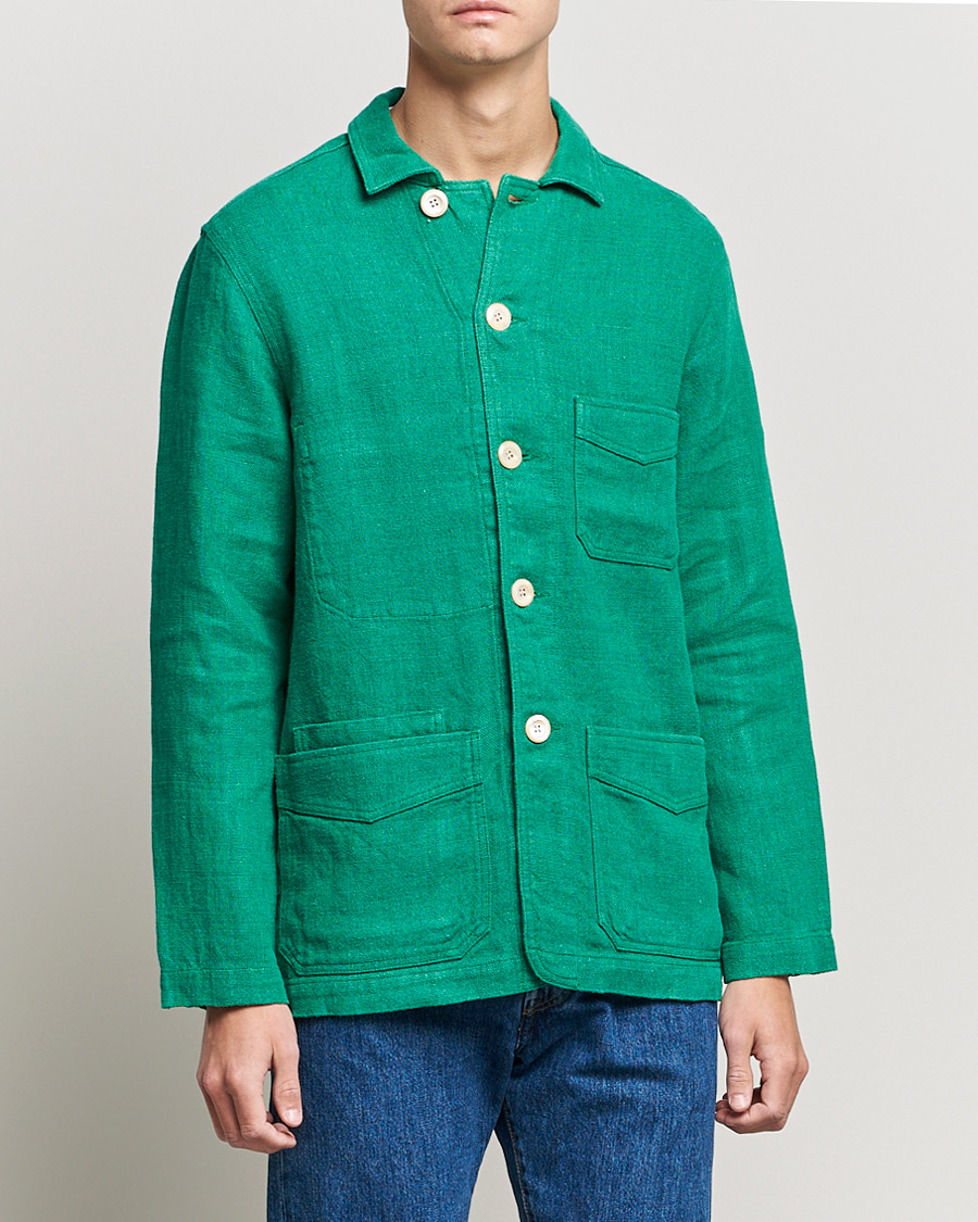 Herre | Jakker | Drake's | Heavy Japanese Linen Chore Jacket Bright Green
