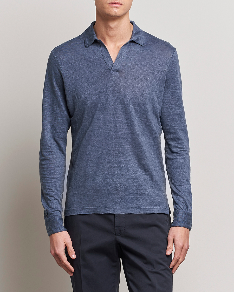 Herre | Gensere | Gran Sasso | Washed Linen Long Sleeve Polo Blue Melange