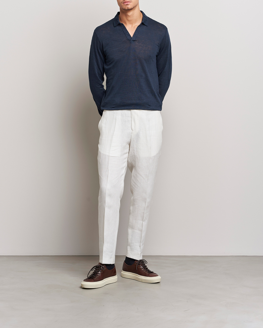 Herre | Pikéer | Gran Sasso | Washed Linen Long Sleeve Polo Navy