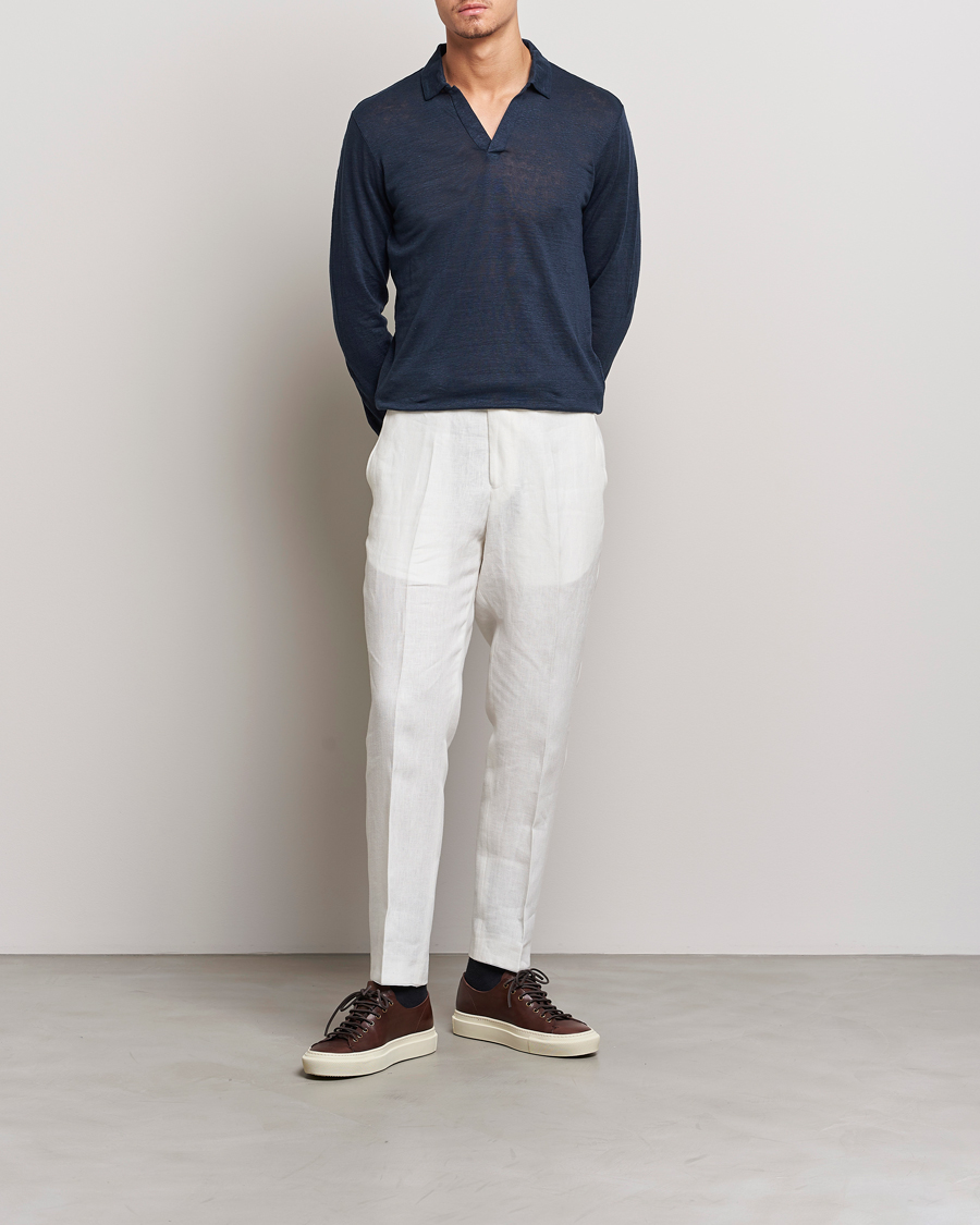 Herre | Pikéer | Gran Sasso | Washed Linen Long Sleeve Polo Navy Melange