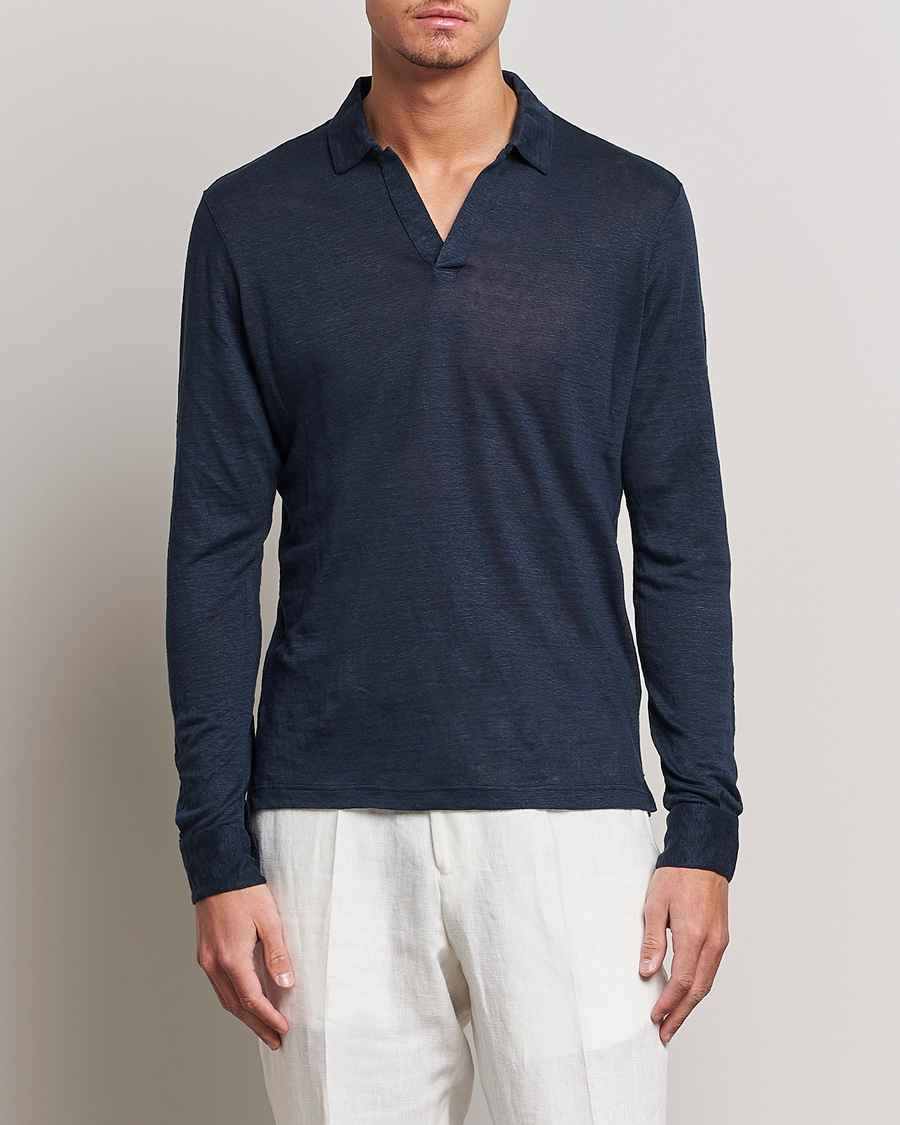 Herre |  | Gran Sasso | Washed Linen Long Sleeve Polo Navy