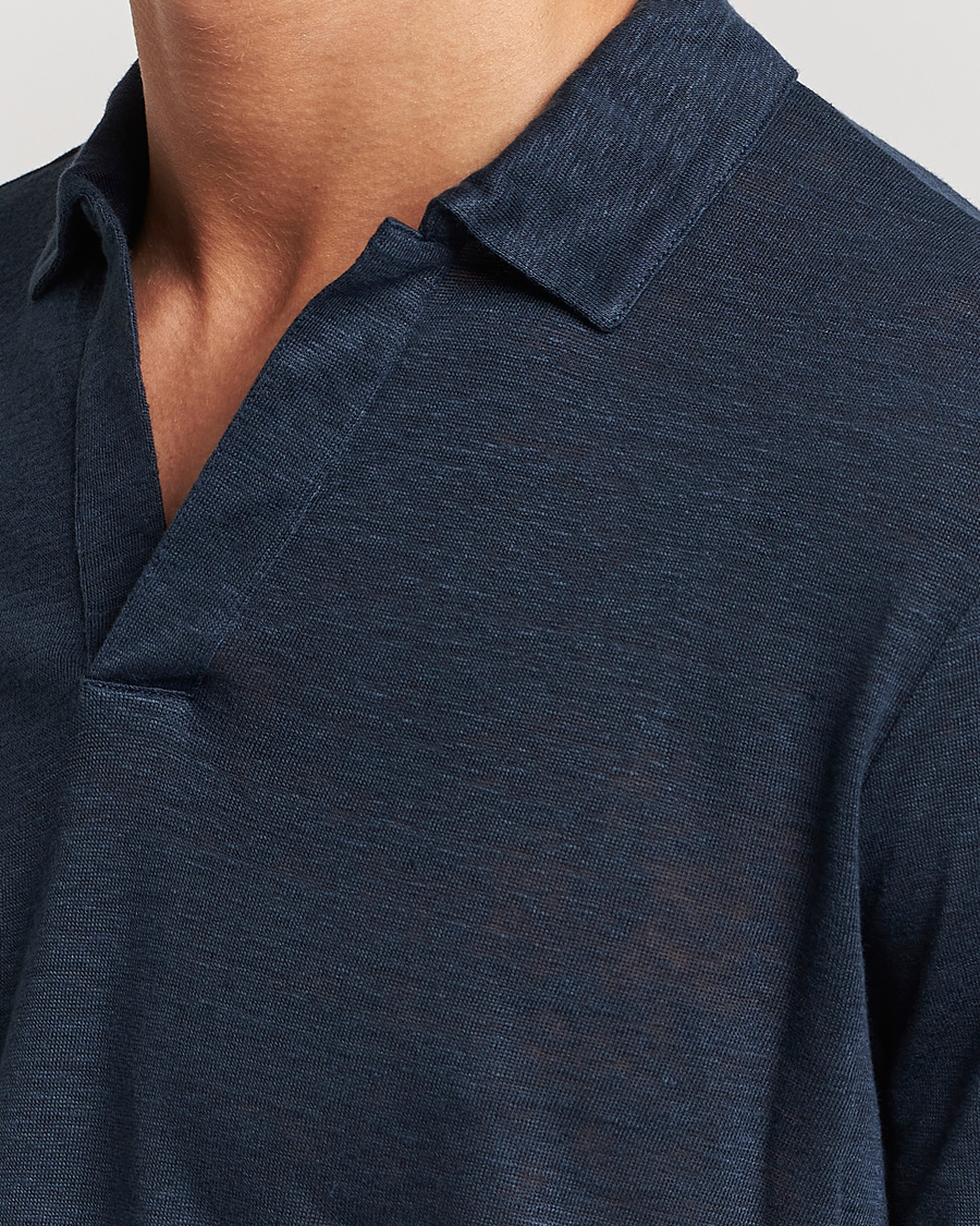 Herre | Pikéer | Gran Sasso | Washed Linen Long Sleeve Polo Navy Melange