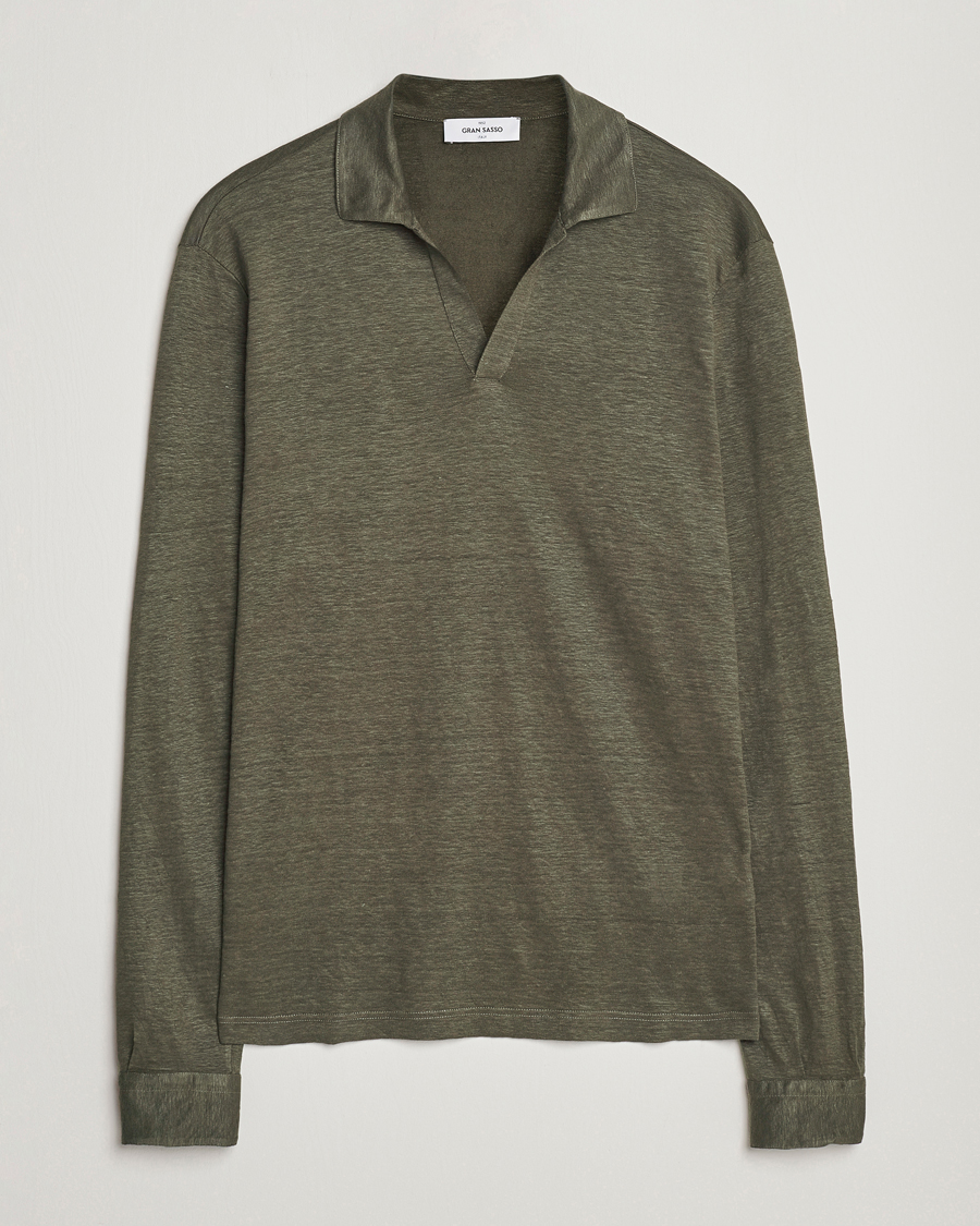 Herre | Gensere | Gran Sasso | Washed Linen Long Sleeve Polo Dark Green