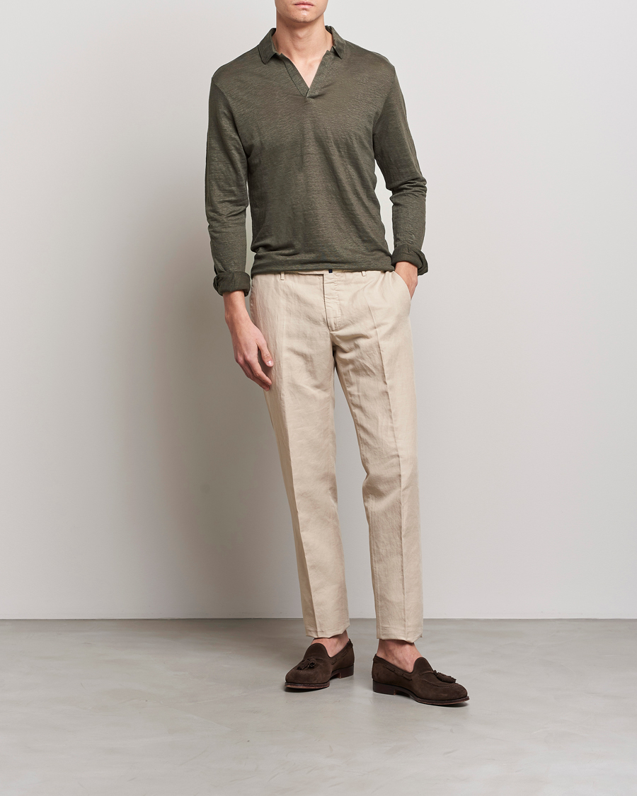 Herre | Gensere | Gran Sasso | Washed Linen Long Sleeve Polo Dark Green