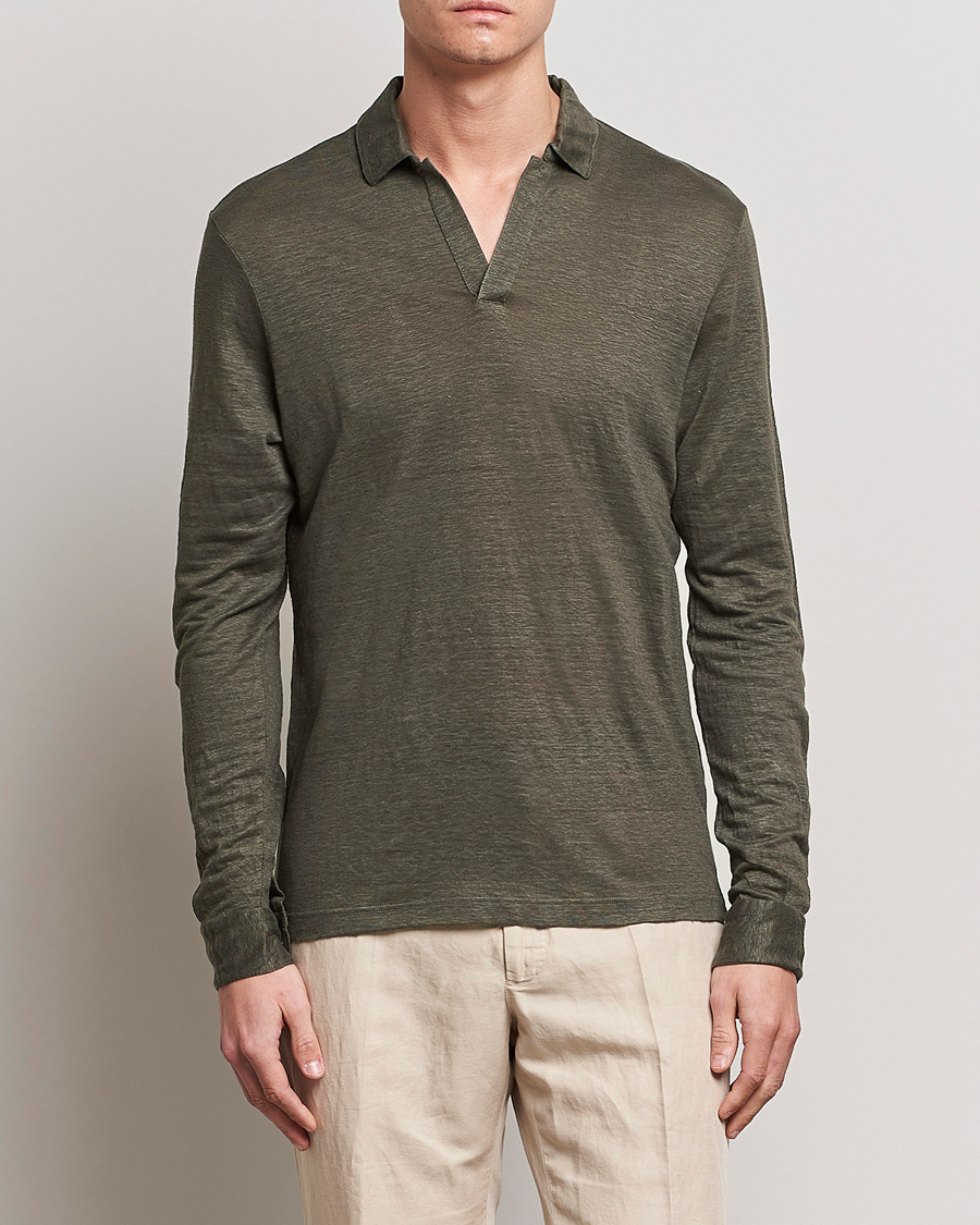 Herre |  | Gran Sasso | Washed Linen Long Sleeve Polo Dark Green