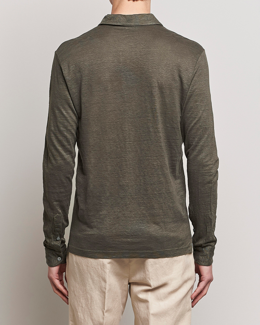 Herre | Gensere | Gran Sasso | Washed Linen Long Sleeve Polo Dark Green