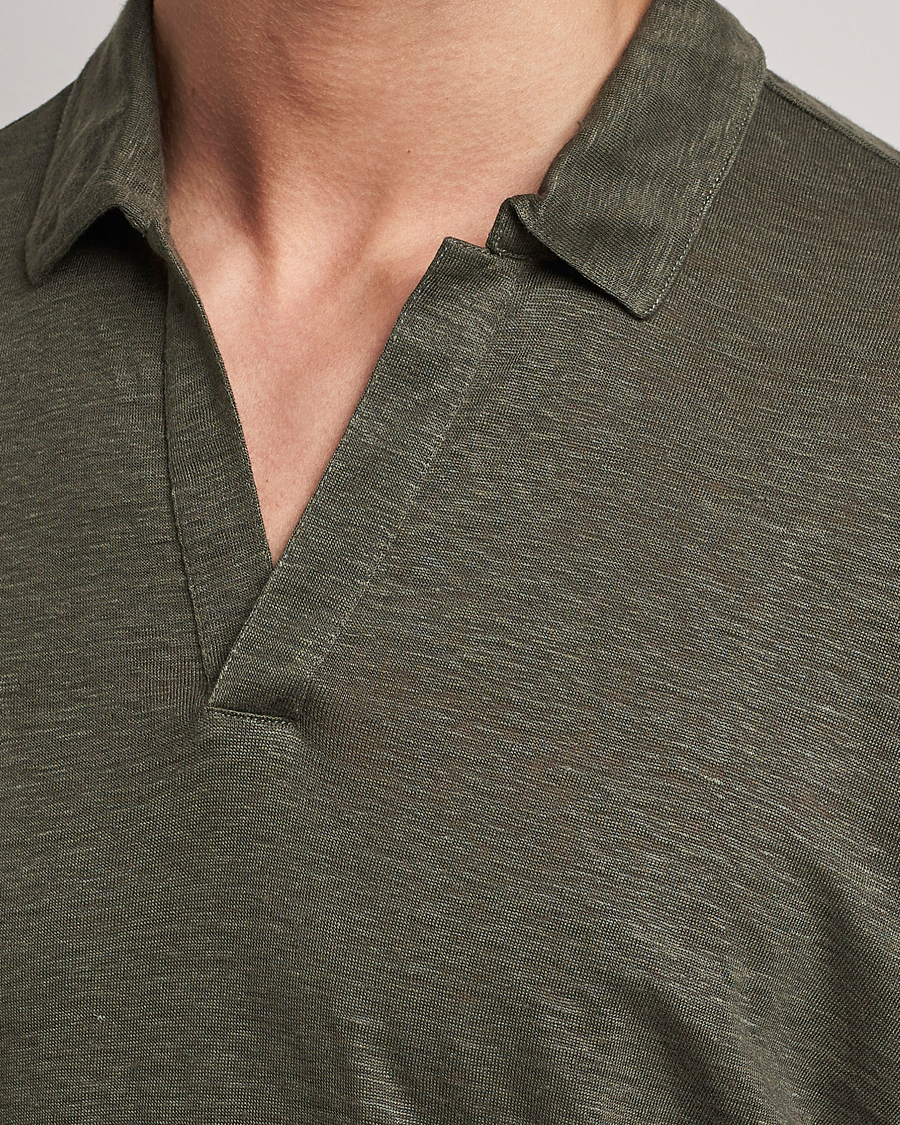 Herre | Gensere | Gran Sasso | Washed Linen Long Sleeve Polo Dark Green